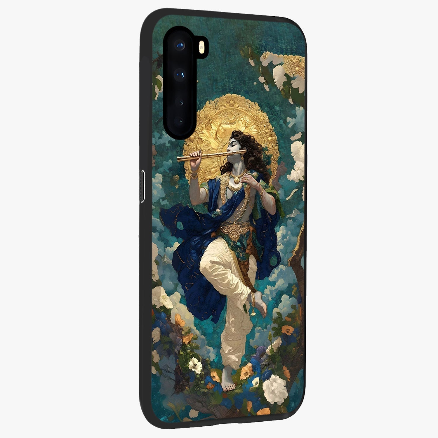 Divine Krishna Art Glass Case upright view showcasing divine Krishna artwork with sacred artistic theme.