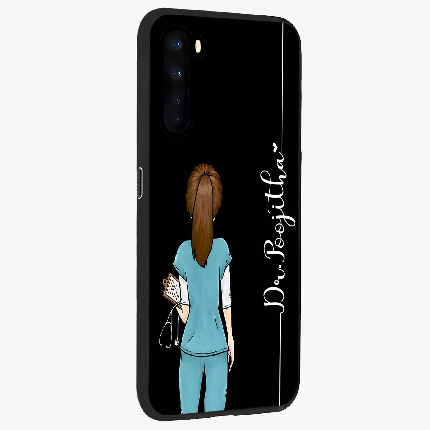 Doctor Pattern Custom Name Glass Case upright view showcasing healthcare themed design with personalized aesthetic.