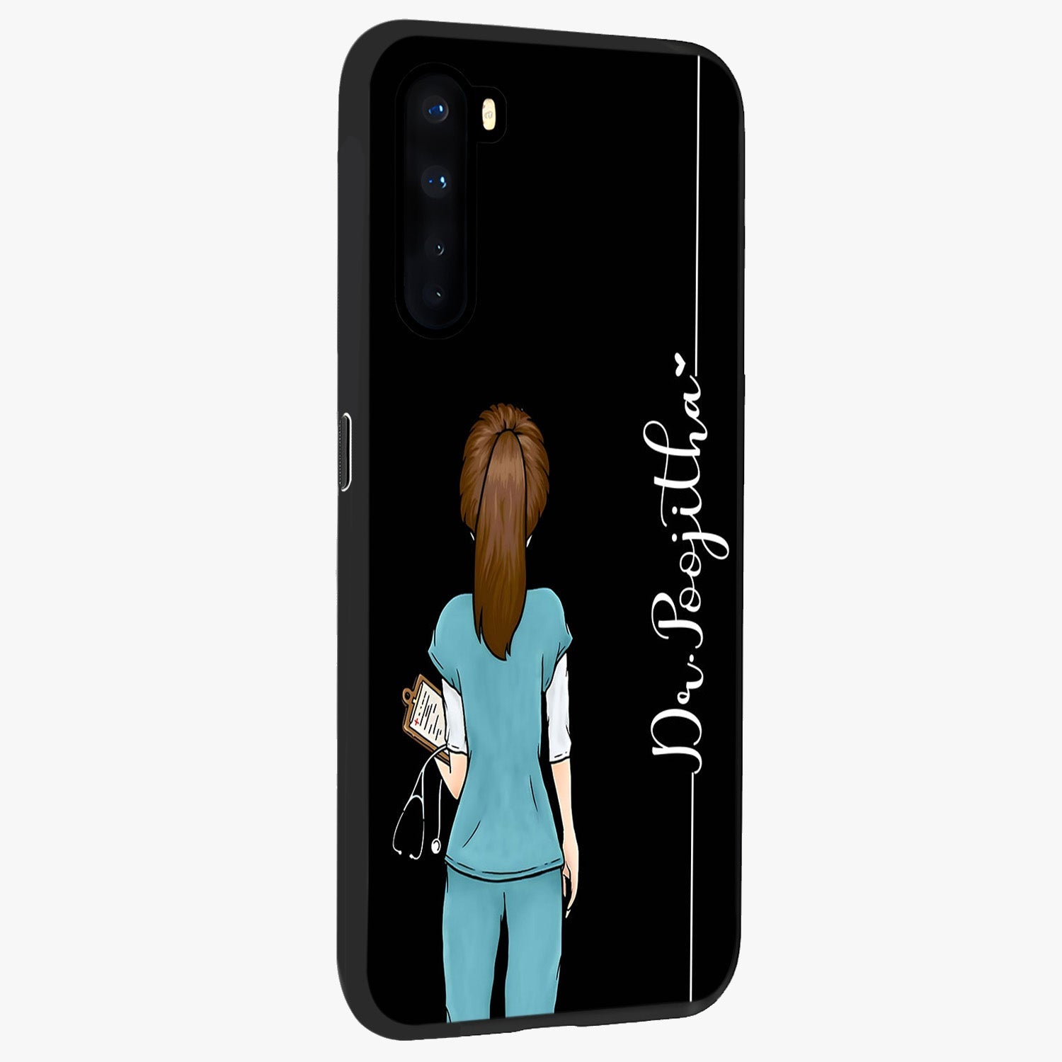 Doctor Pattern Custom Name Glass Case upright view showcasing healthcare themed design with personalized aesthetic.