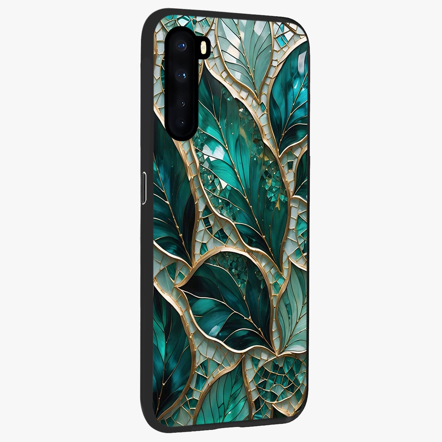 Emerald Leaf Glass Glass Case upright view showcasing fresh green leaf artwork with calming nature inspired style.