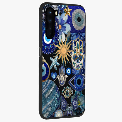 Evil Eye Charm Mix Glass Case upright view showcasing mystical evil eye pattern with vibrant decorative style.