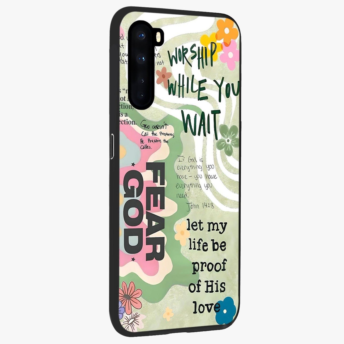 Faith Over Fear Glass Case upright view showcasing bold typography artwork with uplifting motivational theme.