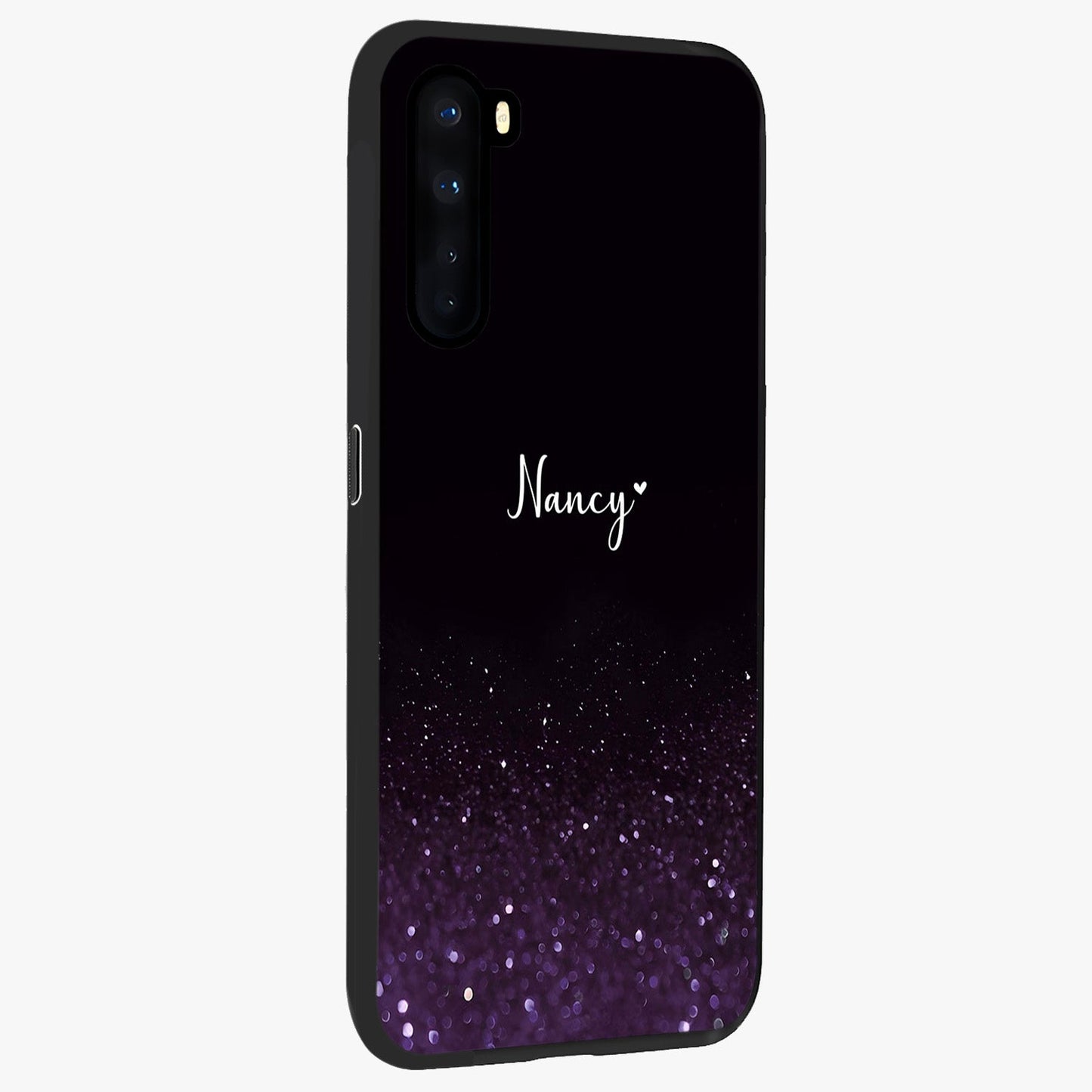 Glittery Purple Bokeh Custom Name Glass Case upright view showcasing vibrant purple sparkle artwork with personalized aesthetic style.