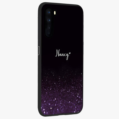 Glittery Purple Bokeh Custom Name Glass Case upright view showcasing vibrant purple sparkle artwork with personalized aesthetic style.