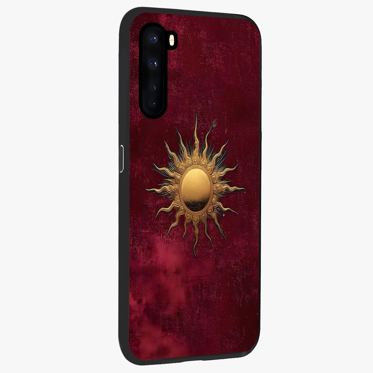 Golden Sun Minimalism Glass Case upright view showcasing simple golden sun artwork with elegant minimalist style.