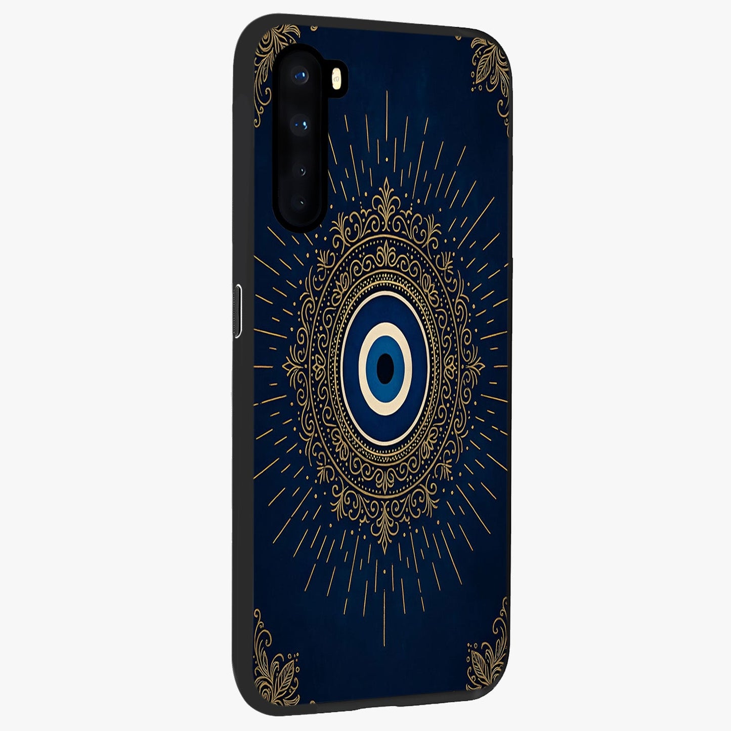 Golden Celestial Charm Glass Case upright view showcasing radiant celestial artwork with elegant golden theme.