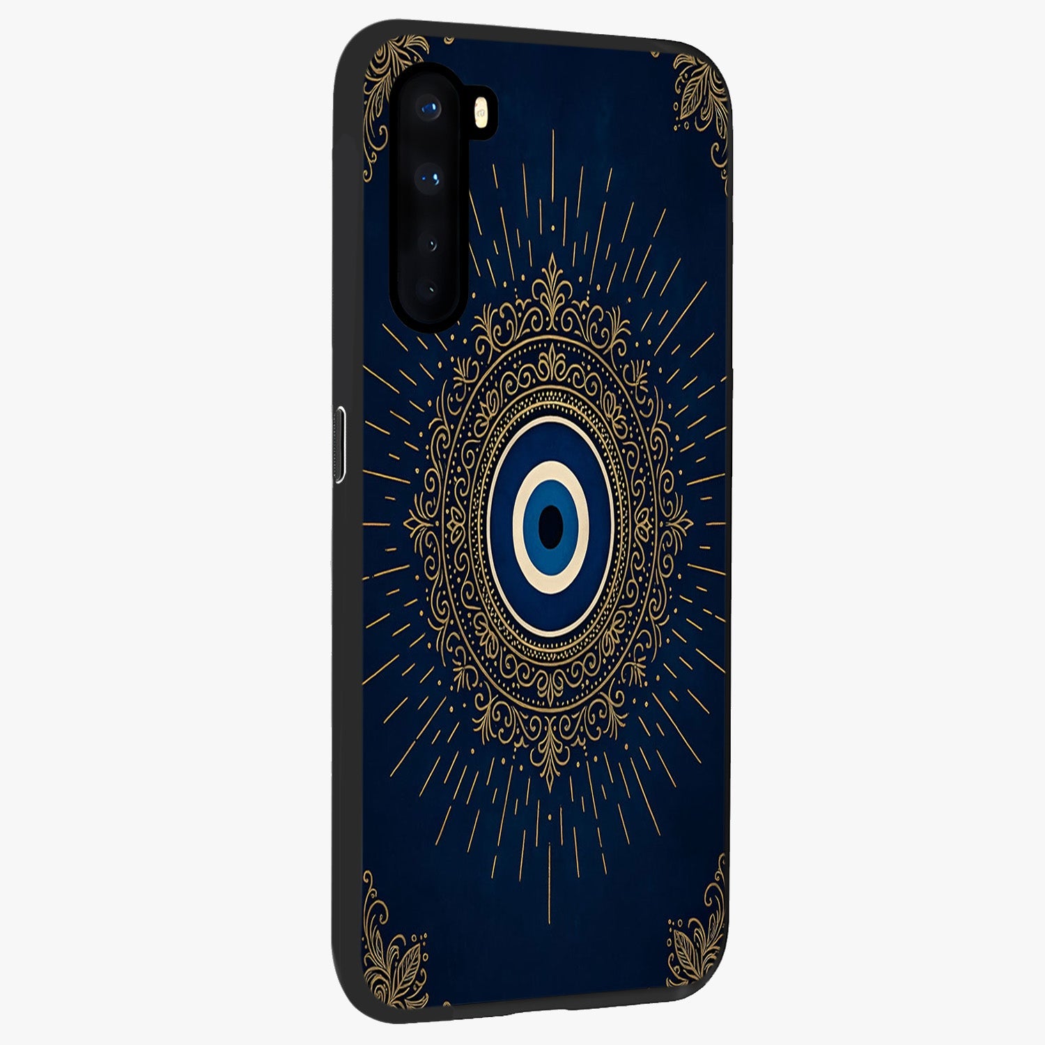 Golden Celestial Charm Glass Case upright view showcasing radiant celestial artwork with elegant golden theme.