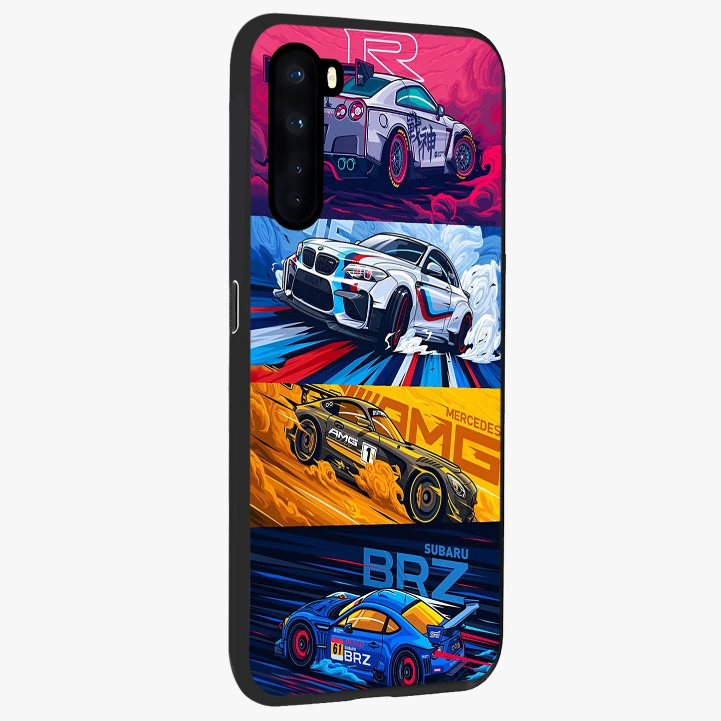 JDM Sports Car Glass Case upright view showcasing dynamic sports car artwork with bold racing theme.