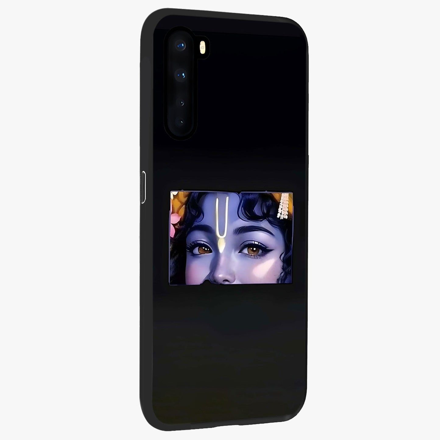 Krishna Divine Embrace Glass Case upright view showcasing sacred Krishna artwork with peaceful devotional theme.