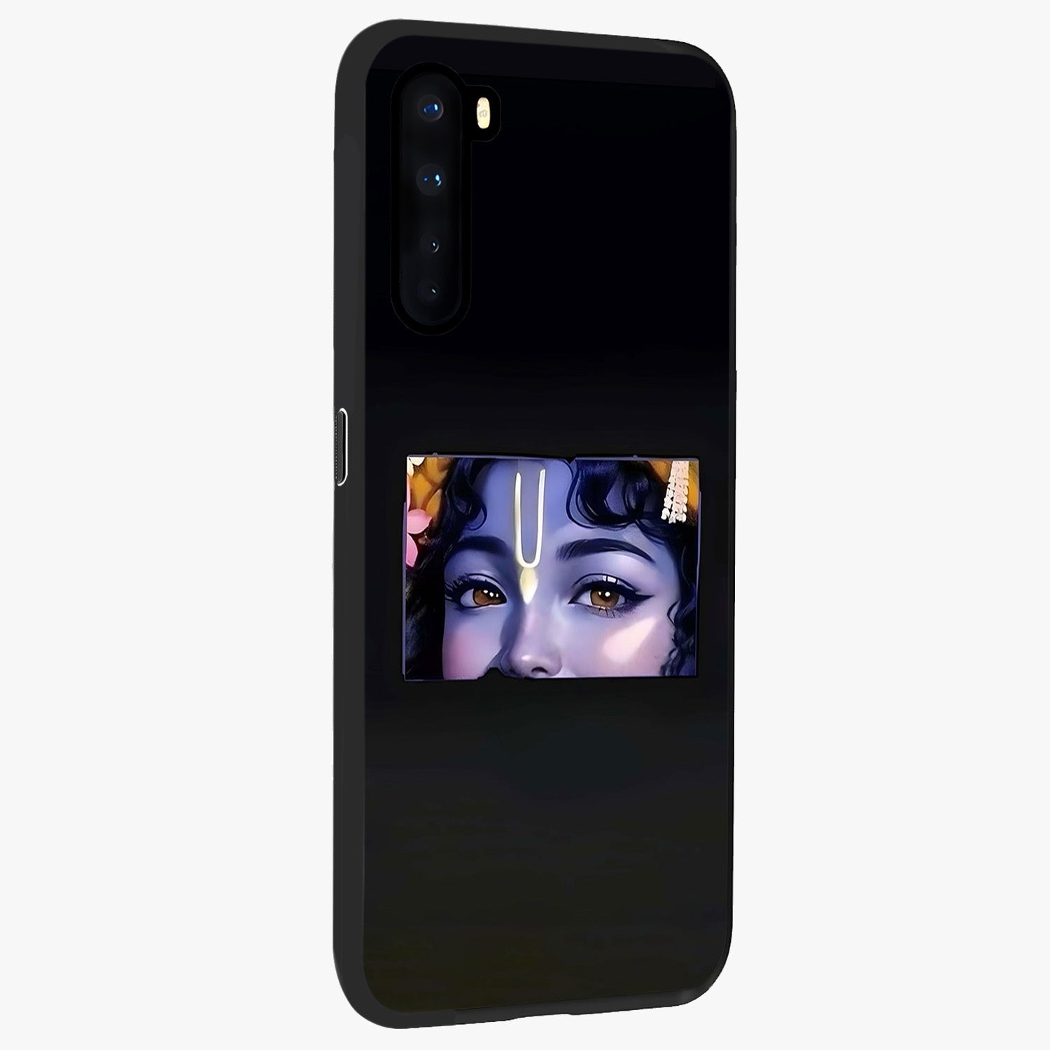 Krishna Divine Embrace Glass Case upright view showcasing sacred Krishna artwork with peaceful devotional theme.