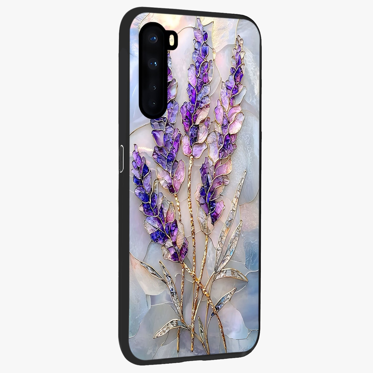 Lavender Dream Glow Glass Case upright view showcasing radiant lavender glow artwork with calming dreamy theme.