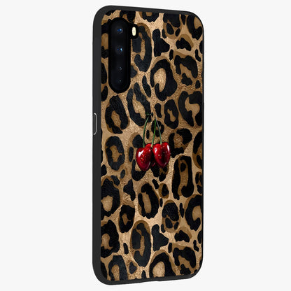 Leopard Wild Cherry Glass Case upright view showcasing stylish leopard pattern artwork with trendy fashion theme.