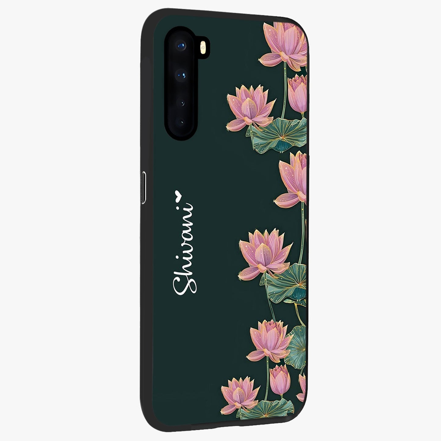 Lotus Bloom Serenity Custom Name Glass Case upright view showcasing serene lotus bloom artwork with personalized floral aesthetic.