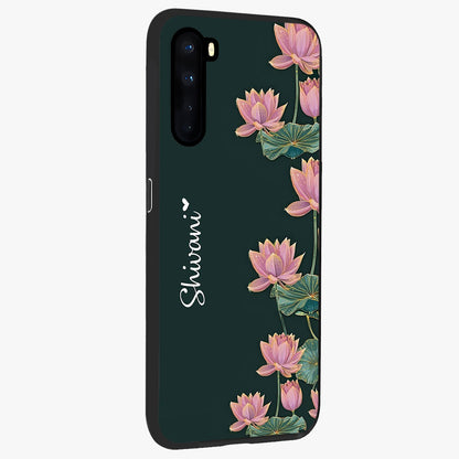 Lotus Bloom Serenity Custom Name Glass Case upright view showcasing serene lotus bloom artwork with personalized floral aesthetic.