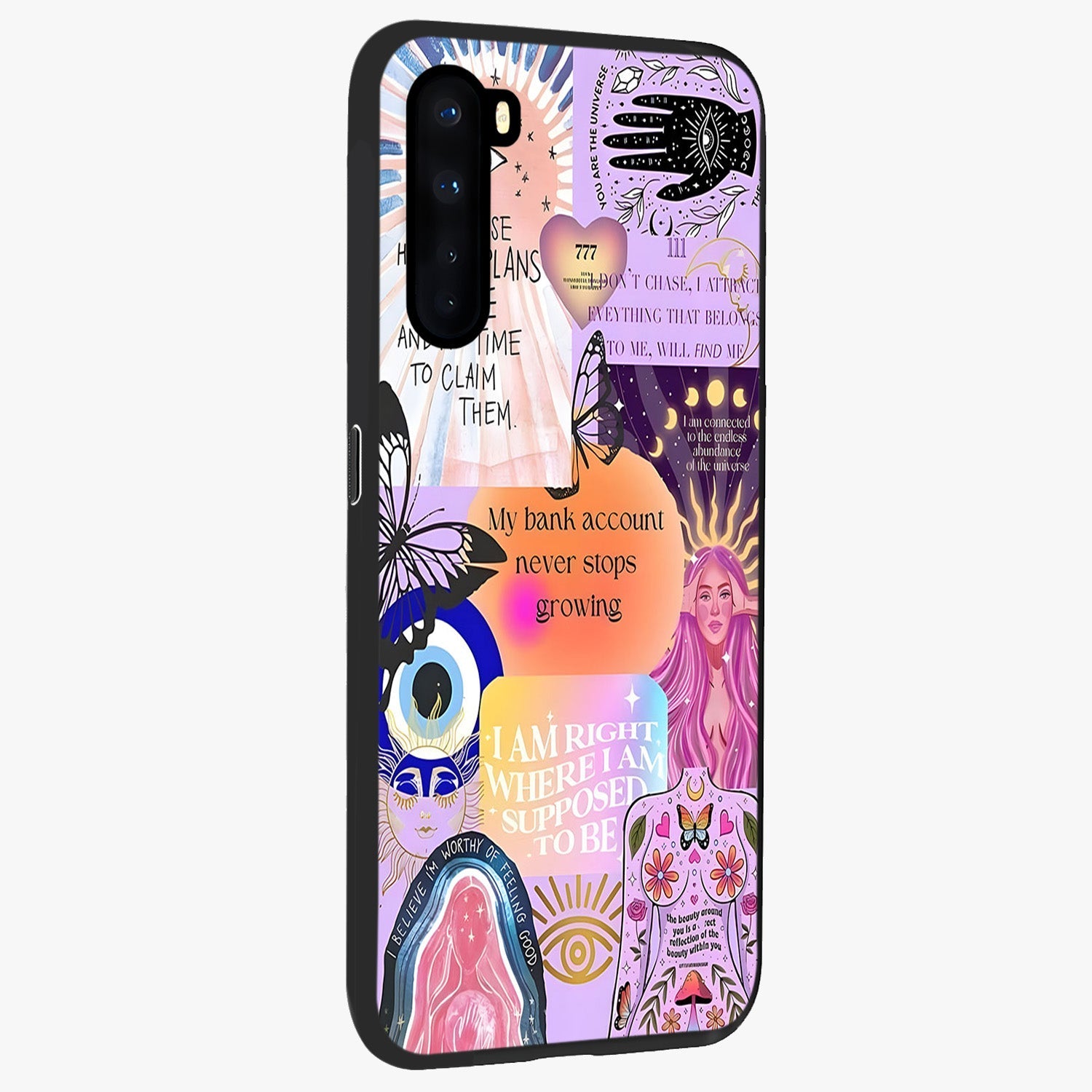 Manifestation Collage Glass Case upright view showcasing artistic manifestation themed artwork with creative style.
