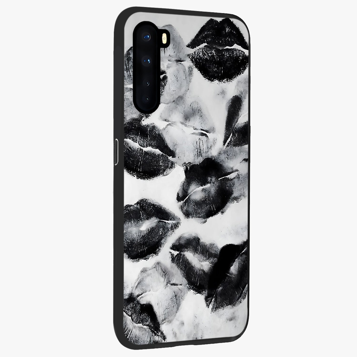 Midnight Kiss Marks Glass Case upright view showcasing stylish kiss mark artwork with trendy romantic theme.