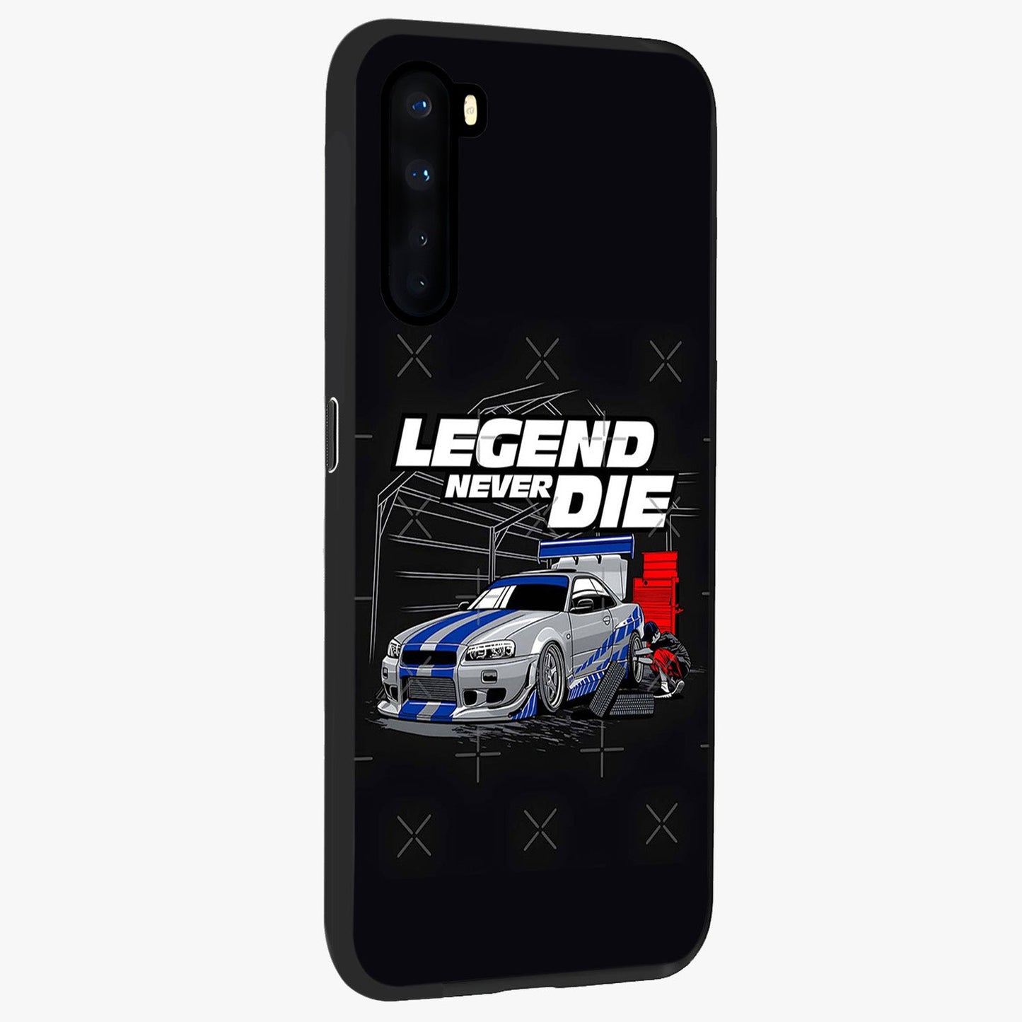 Midnight Racing Legacy Glass Case upright view showcasing powerful racing artwork with modern sports theme.