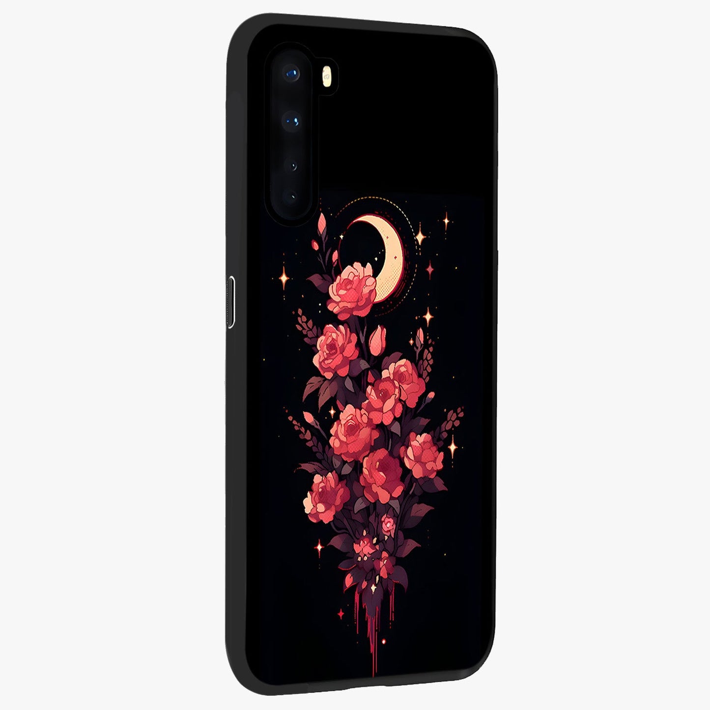 Moonlit Floral Elegance Glass Case upright view showcasing delicate floral artwork with refined night inspired theme.