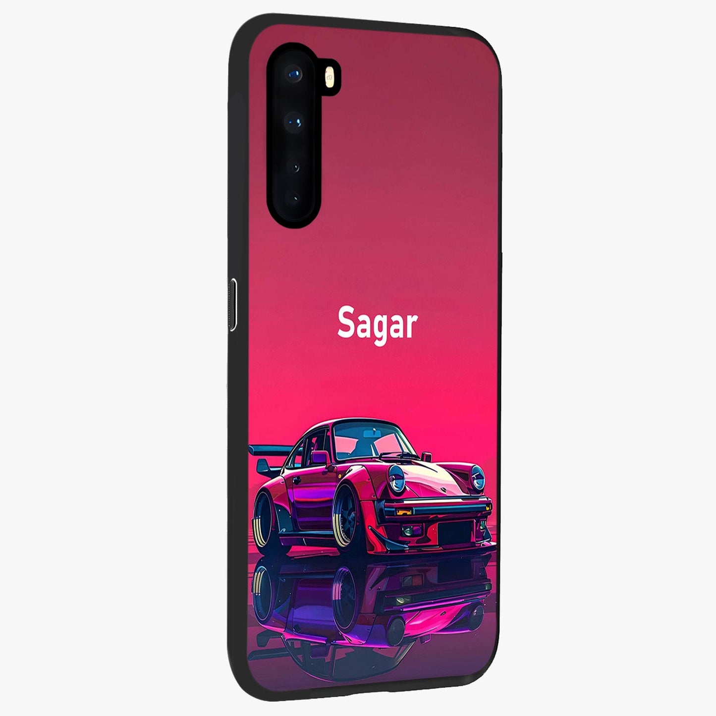 Neon Pink Porsche Glass Case upright view showcasing vibrant sports car artwork with bold automotive theme.