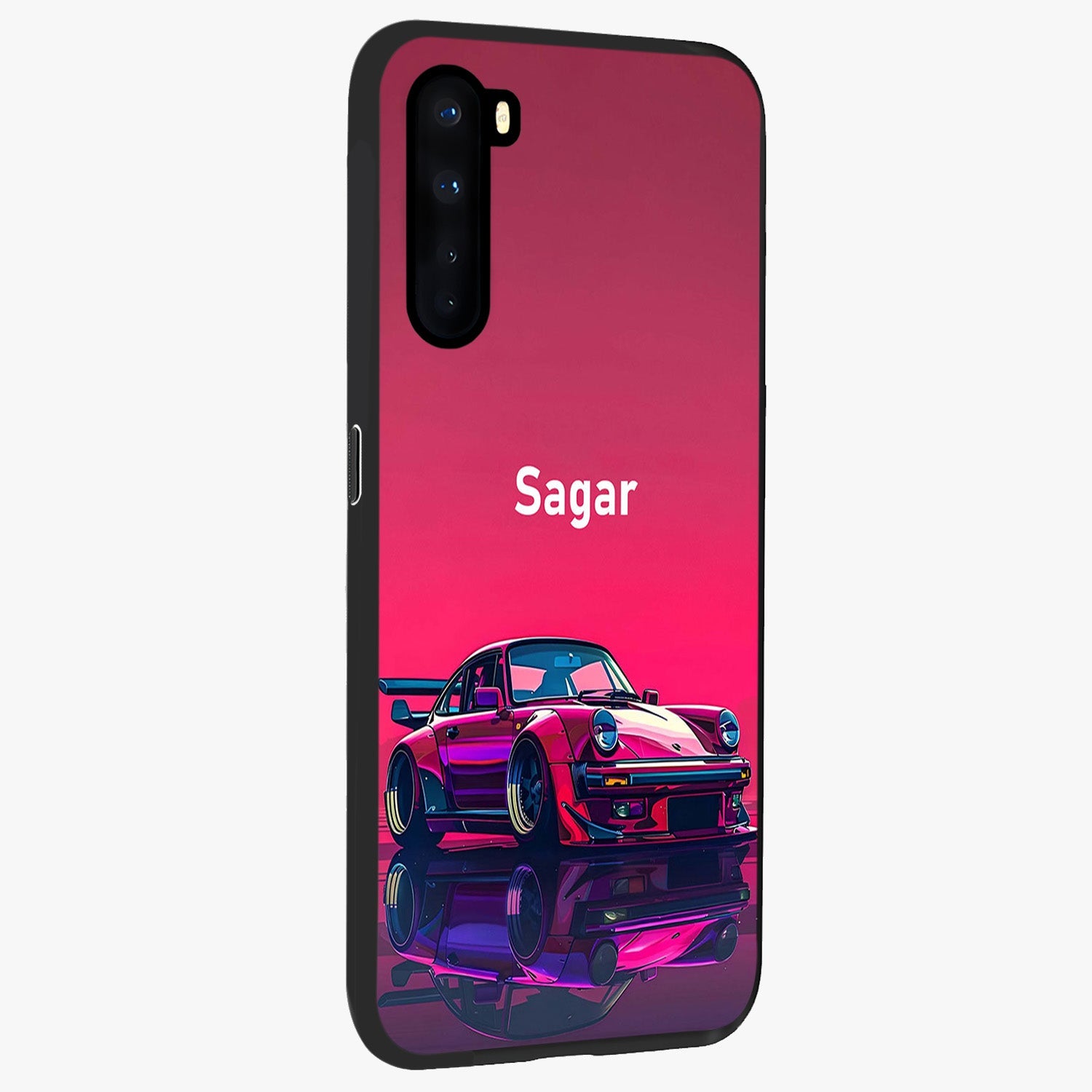 Neon Pink Porsche Glass Case upright view showcasing vibrant sports car artwork with bold automotive theme.