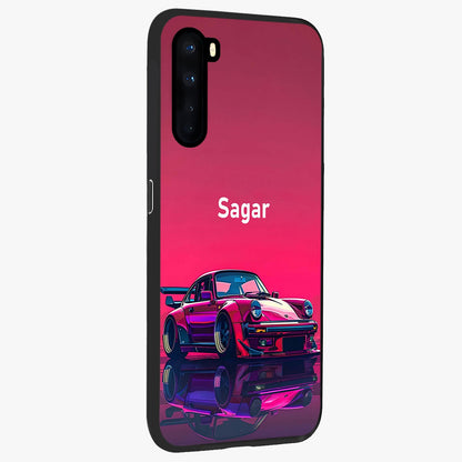 Neon Pink Porsche Glass Case upright view showcasing vibrant sports car artwork with bold automotive theme.