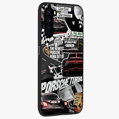 Porsche Racing Collage Glass Case upright view showcasing energetic car collage artwork with high speed racing theme.