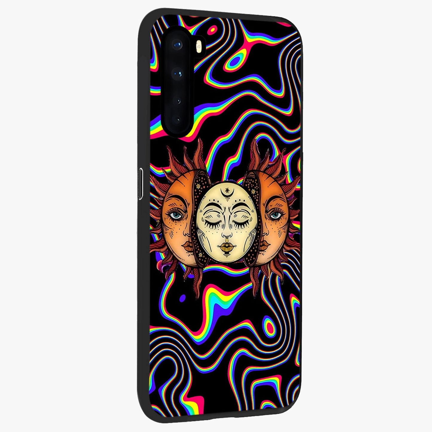 Psychedelic Sun Glass Case upright view showcasing trippy sun artwork with bold psychedelic theme.