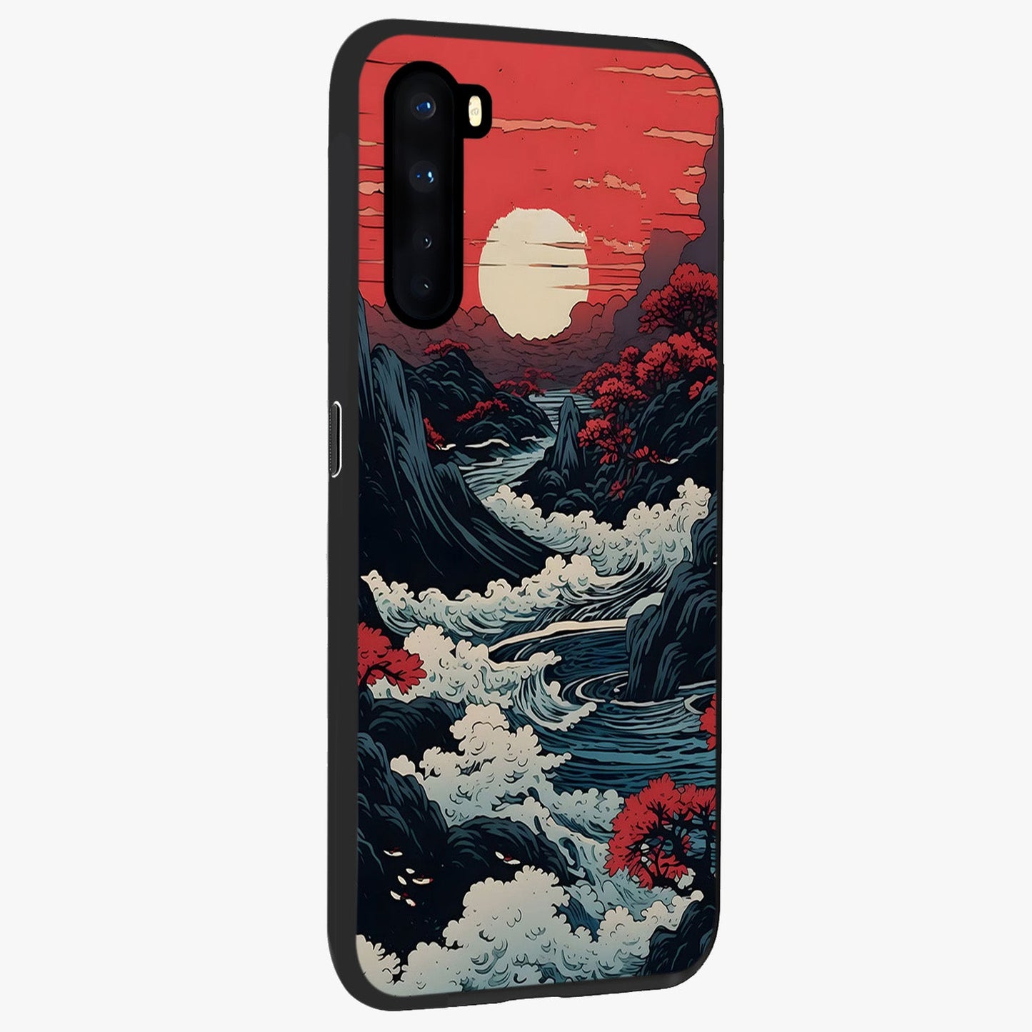 Red Sunset Scenery Glass Case upright view showcasing dramatic sunset scenery artwork with warm nature theme.