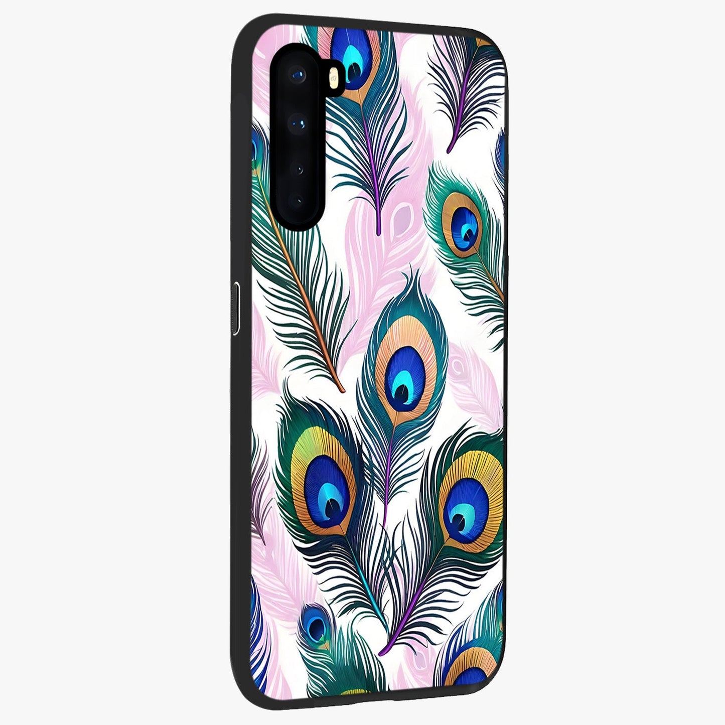 Royal Peacock Feathers Glass Case upright view showcasing elegant peacock feather artwork with decorative royal theme.