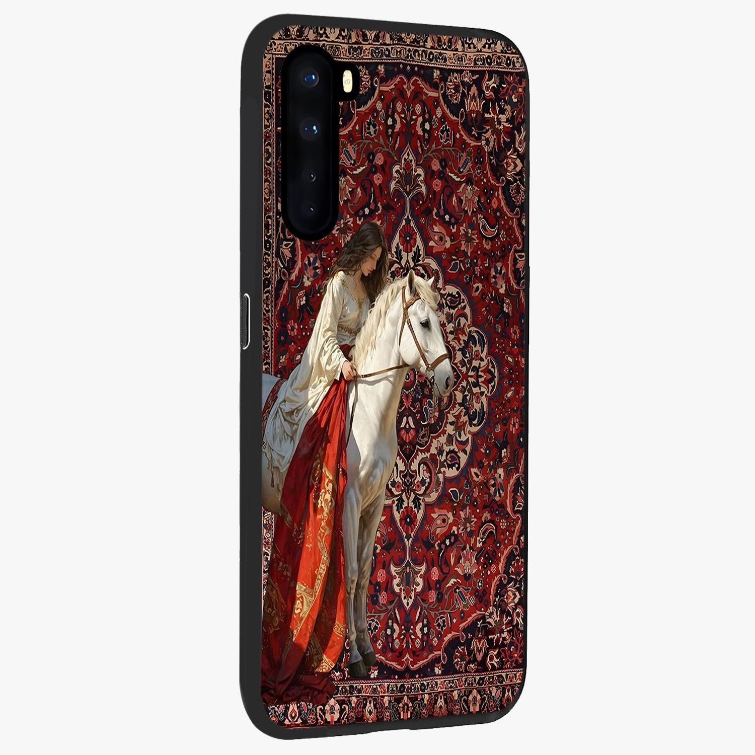 Royal Rider Tapestry Glass Case upright view showcasing detailed rider artwork with classic tapestry theme.