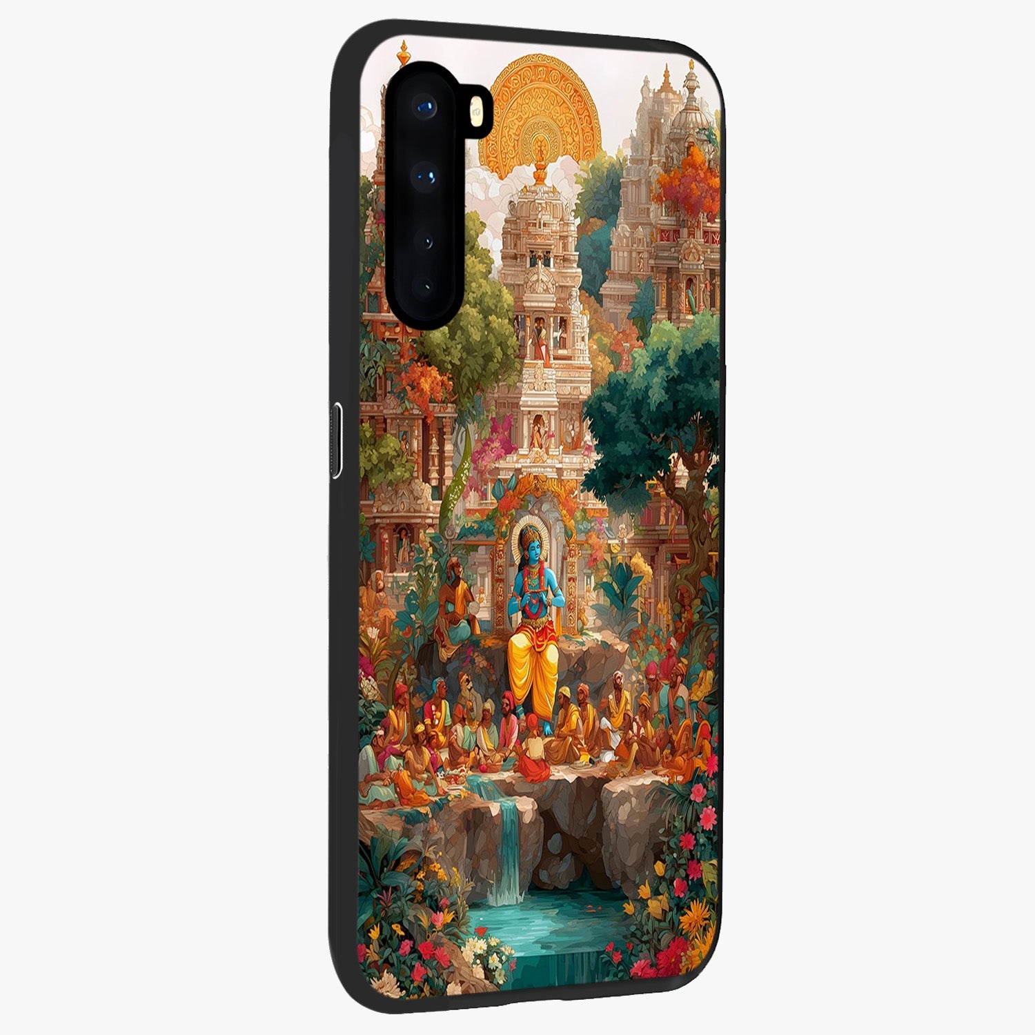 Sacred Sunlight Gods Glass Case upright view showcasing glowing divine artwork with sacred mythological theme.