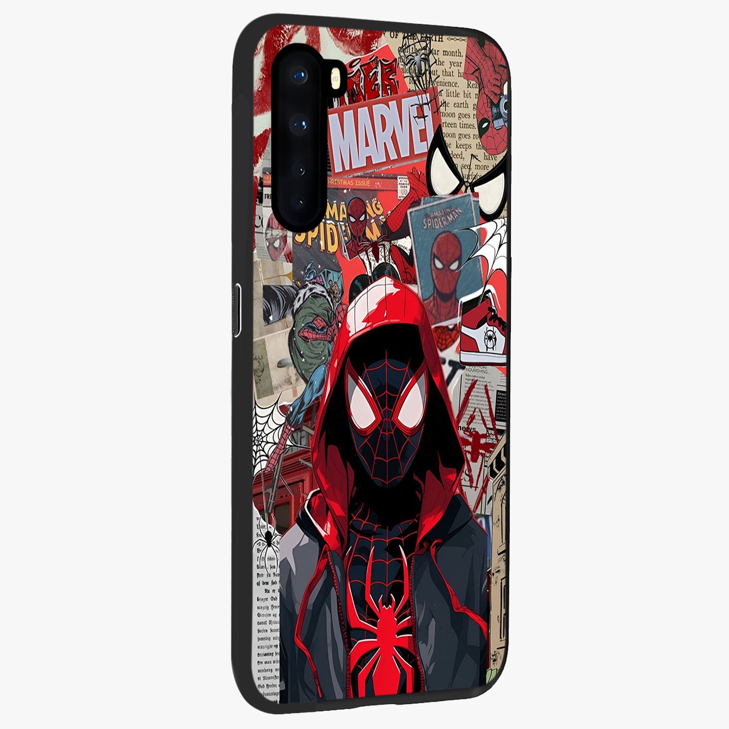 Spider Collage Street Glass Case upright view showcasing bold superhero artwork with urban street theme.