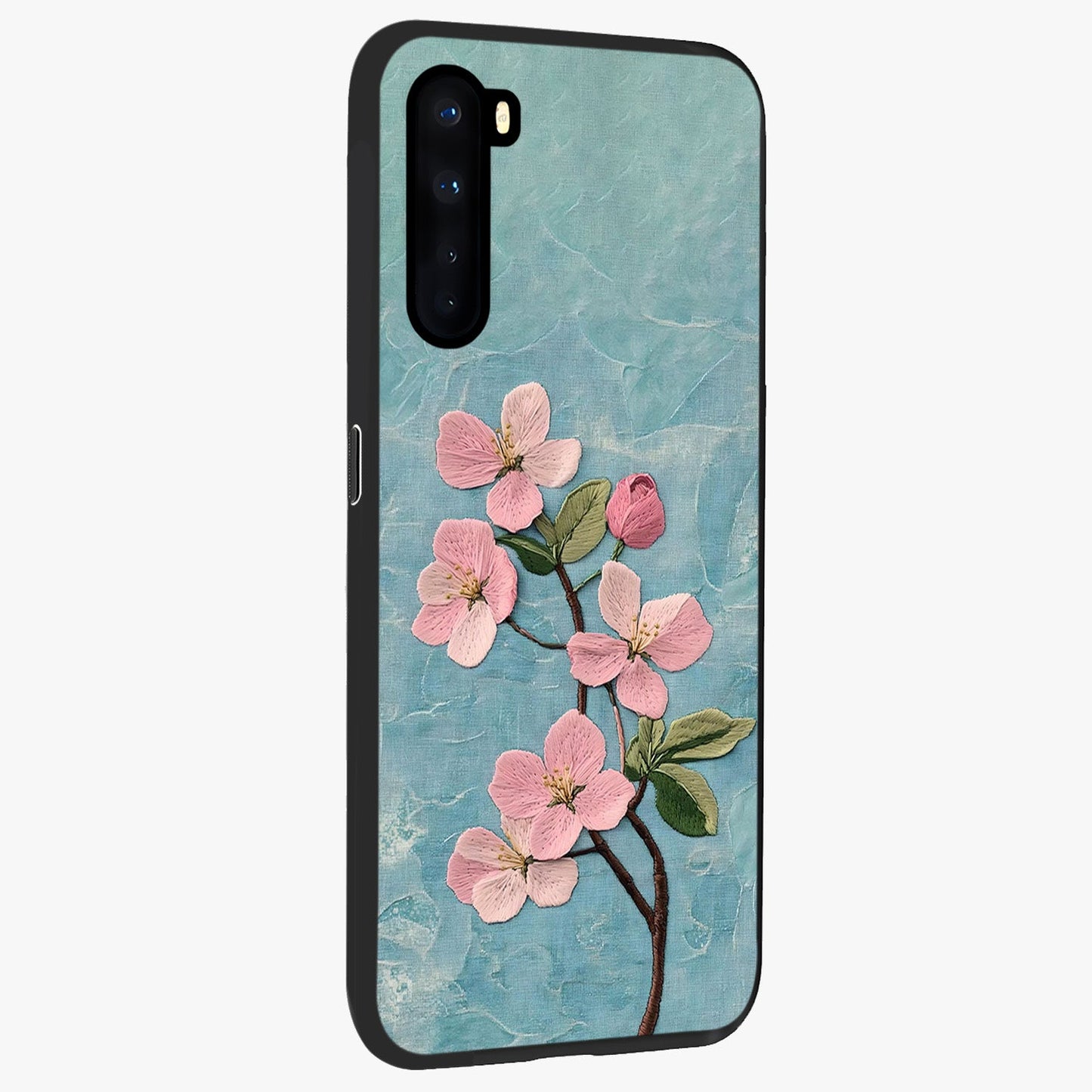 Threaded Blossom Breeze Glass Case upright view showcasing graceful flower artwork with calm botanical theme.