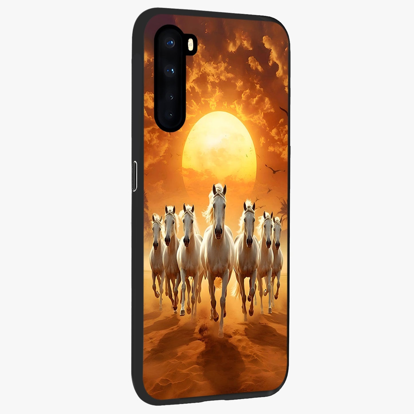 Wild Sunset Majesty Glass Case upright view showcasing dramatic sunset artwork with bold nature theme.