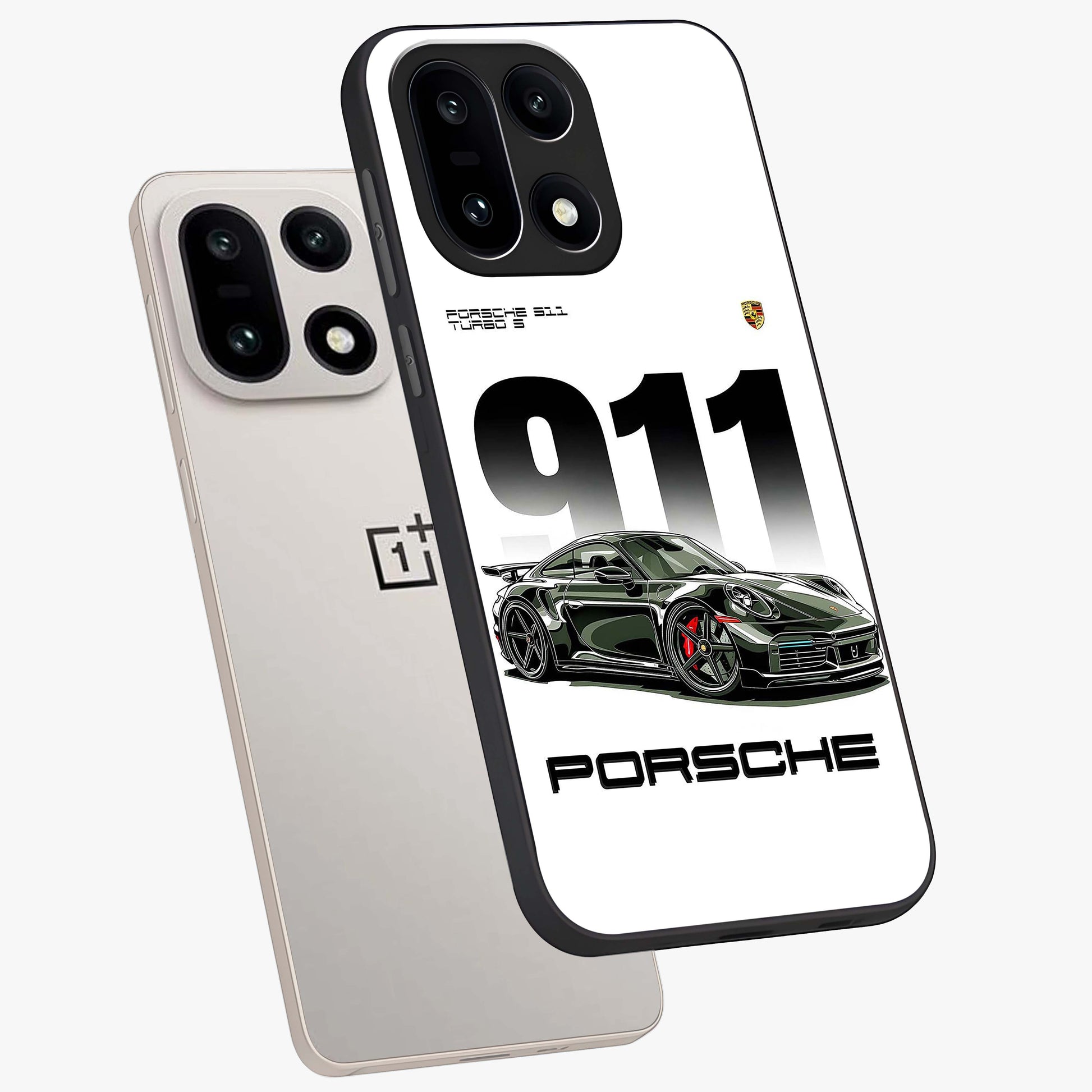 911 Turbo Dominance Glass Case for 1+15 premium angled mockup showcasing glossy glass finish and racing inspired design