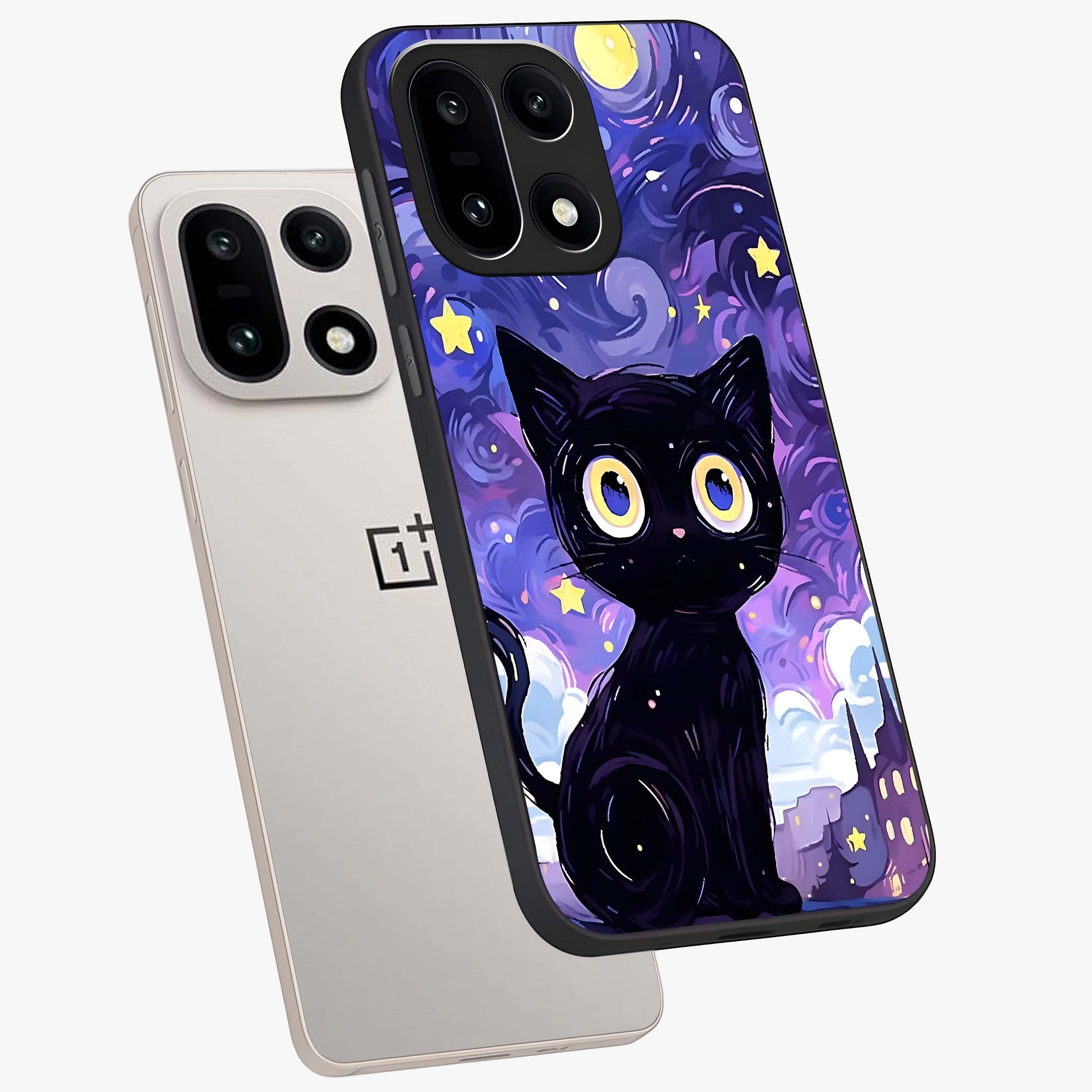 Abstract Cat Art Glass Case for 1+15 premium angled mockup showcasing glossy glass finish and creative feline design