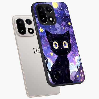 Abstract Cat Art Glass Case for 1+15 premium angled mockup showcasing glossy glass finish and creative feline design
