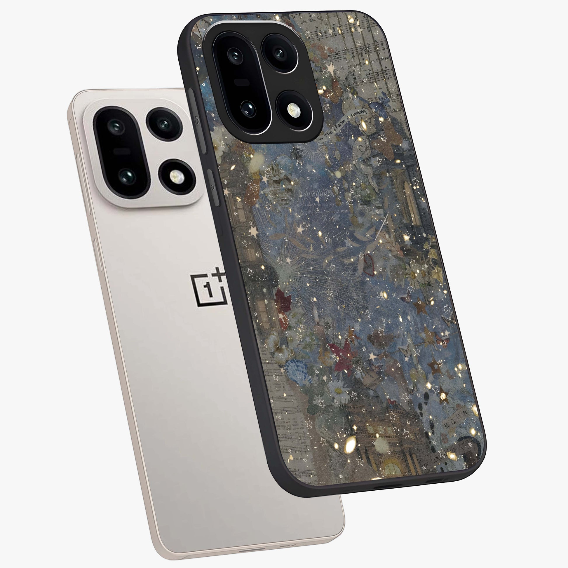 Aesthetic Astrolophia Glass Case for 1+15 angled mockup showcasing glossy cosmic design and premium glass finish