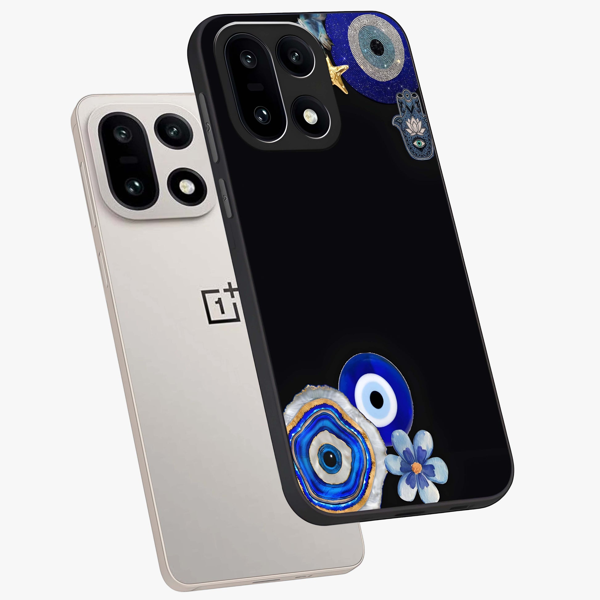 Aesthetic Blue Evil Eye Glass Case for 1+15 angled mockup showcasing glossy finish and protective symbol design