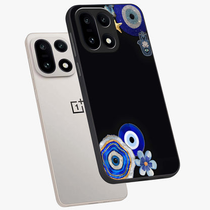 Aesthetic Blue Evil Eye Glass Case for 1+15 angled mockup showcasing glossy finish and protective symbol design