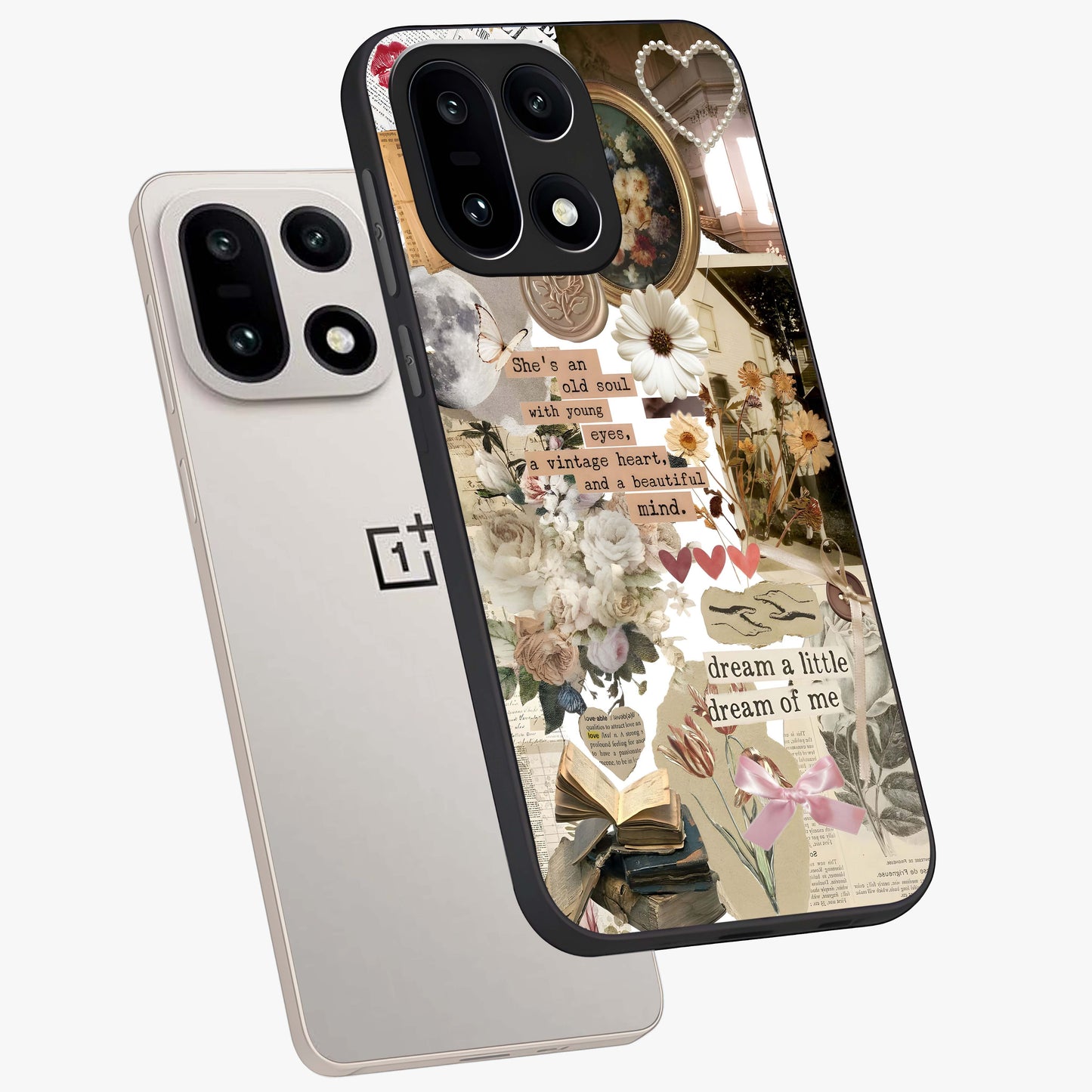 Aesthetic Brown Vintage Collage Glass Case for 1+15 angled mockup showcasing glossy layered vintage textures