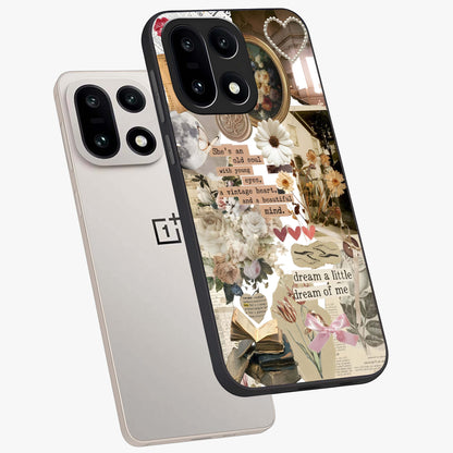 Aesthetic Brown Vintage Collage Glass Case for 1+15 angled mockup showcasing glossy layered vintage textures