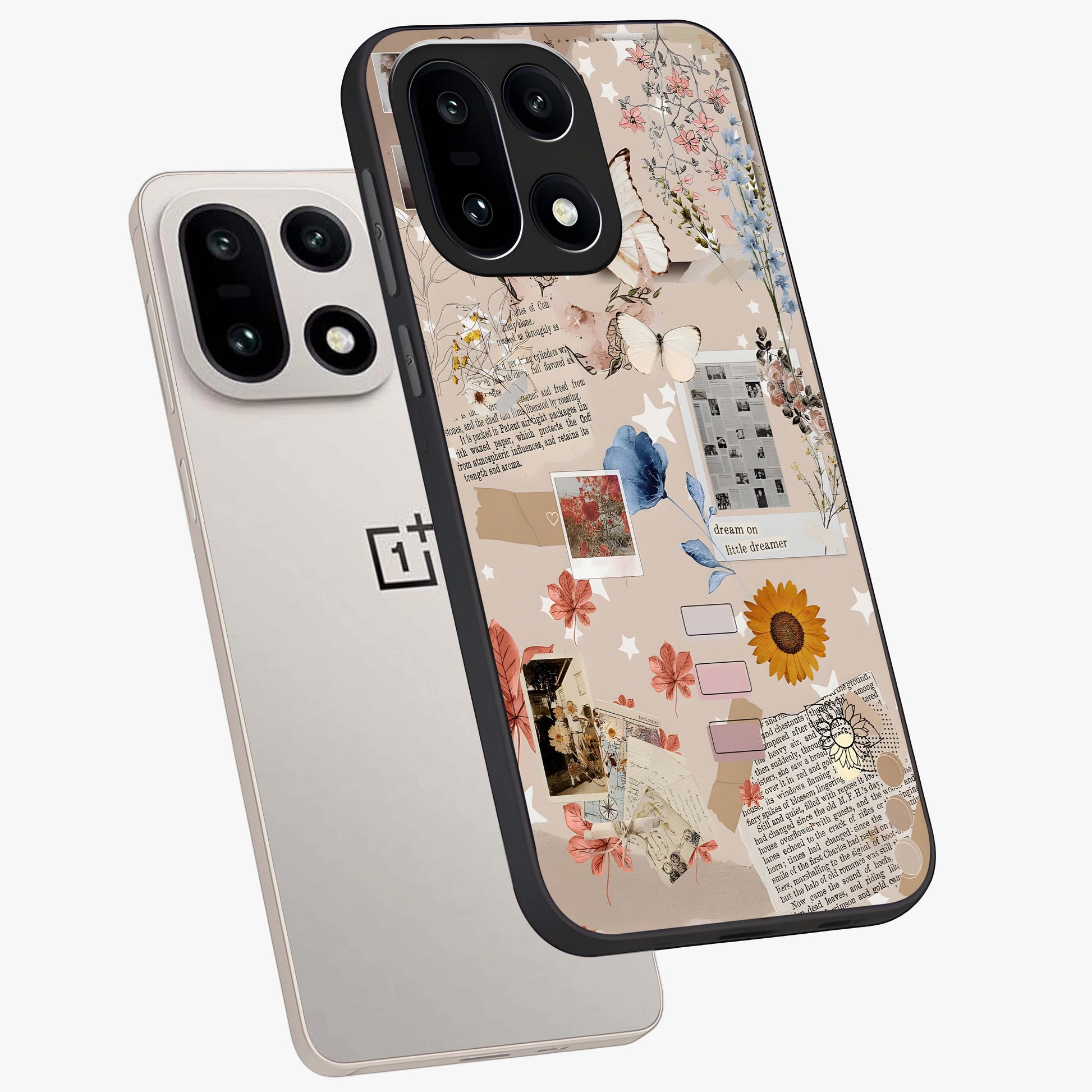 Aesthetic Butterfly Glass Case for 1+15 angled mockup showcasing glossy glass finish and delicate wing details