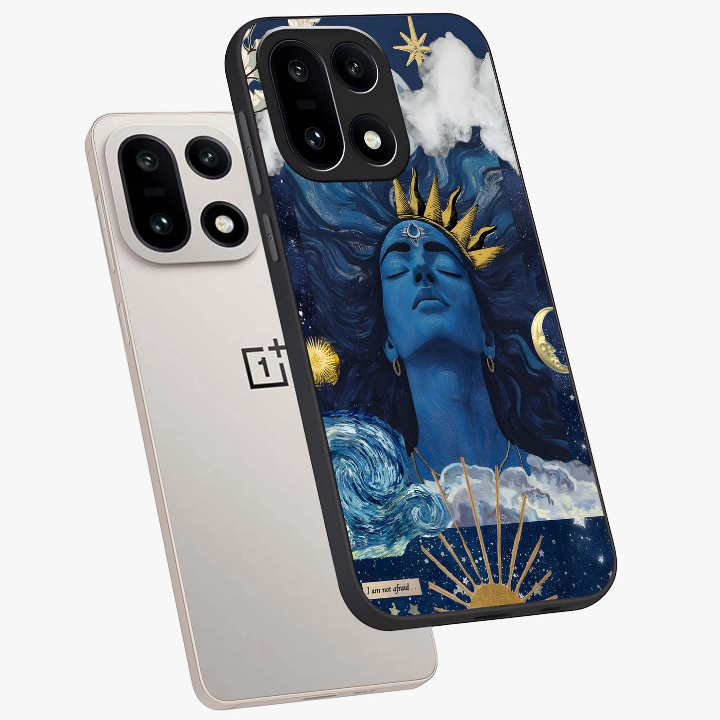 Aesthetic Lord Shiva Glass Case for 1+15 angled mockup showcasing glossy finish and divine aesthetic design