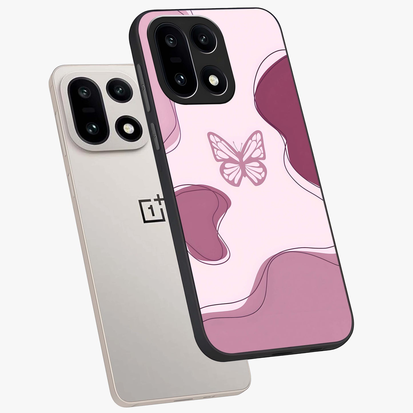 Aesthetic Pinkish Custom Name Butterfly Glass Case for 1+15 angled mockup showcasing glossy finish and soft pastel tones