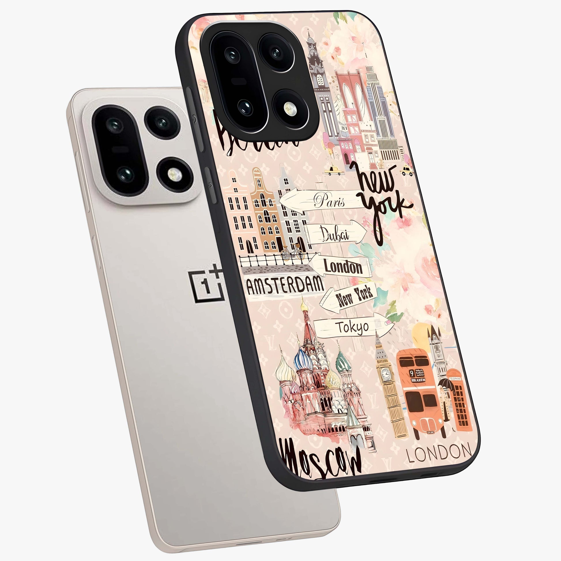Aesthetic Travel Glass Case for 1+15 angled mockup showcasing glossy finish and adventure themed design