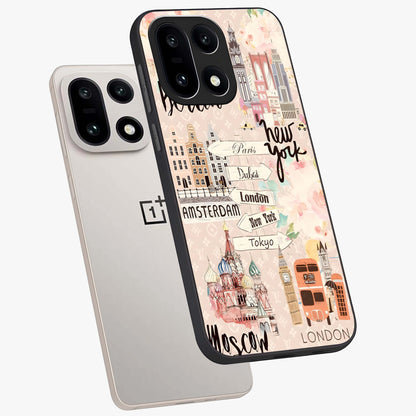 Aesthetic Travel Glass Case for 1+15 angled mockup showcasing glossy finish and adventure themed design