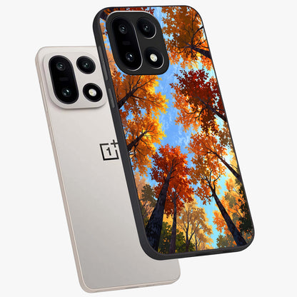 Amber Canopy Glow Glass Case for 1+15 angled mockup showcasing glossy glass finish and golden amber tones