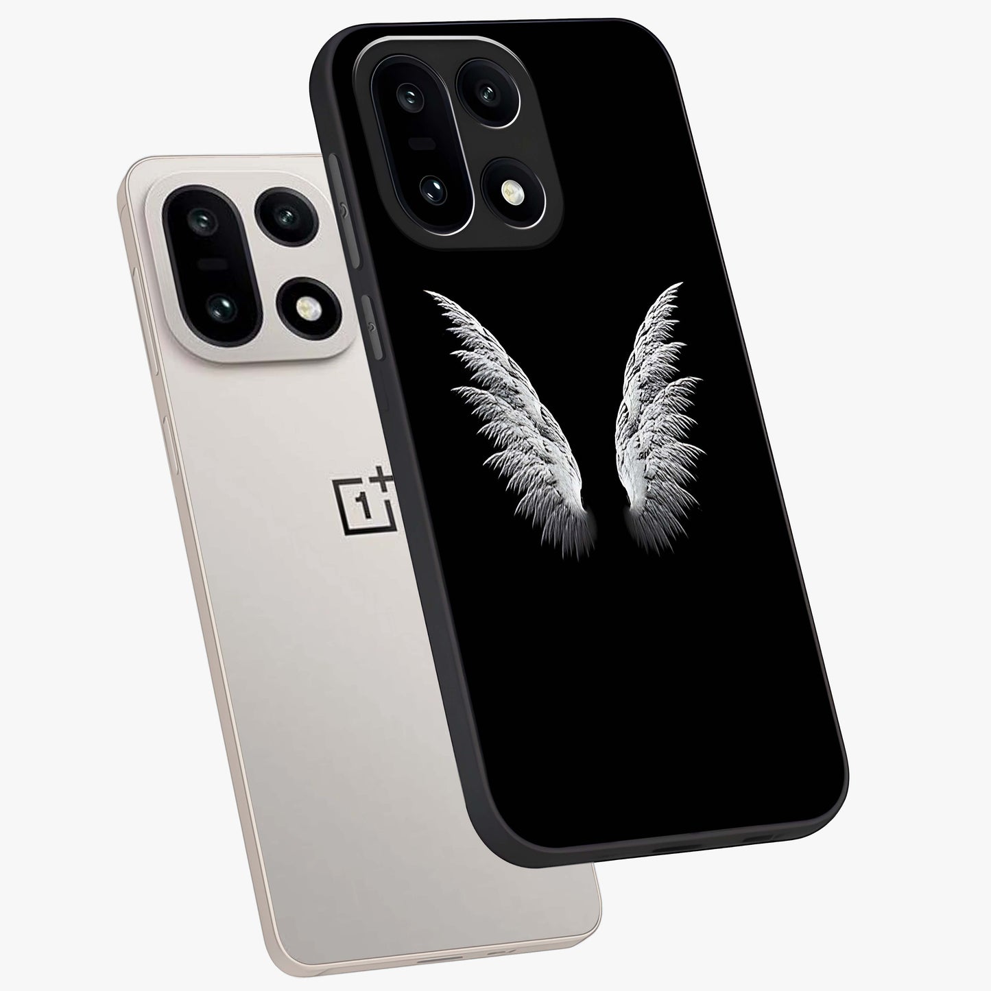 Angel Wing Grace Glass Case for 1+15 angled mockup showcasing glossy finish and graceful feather design