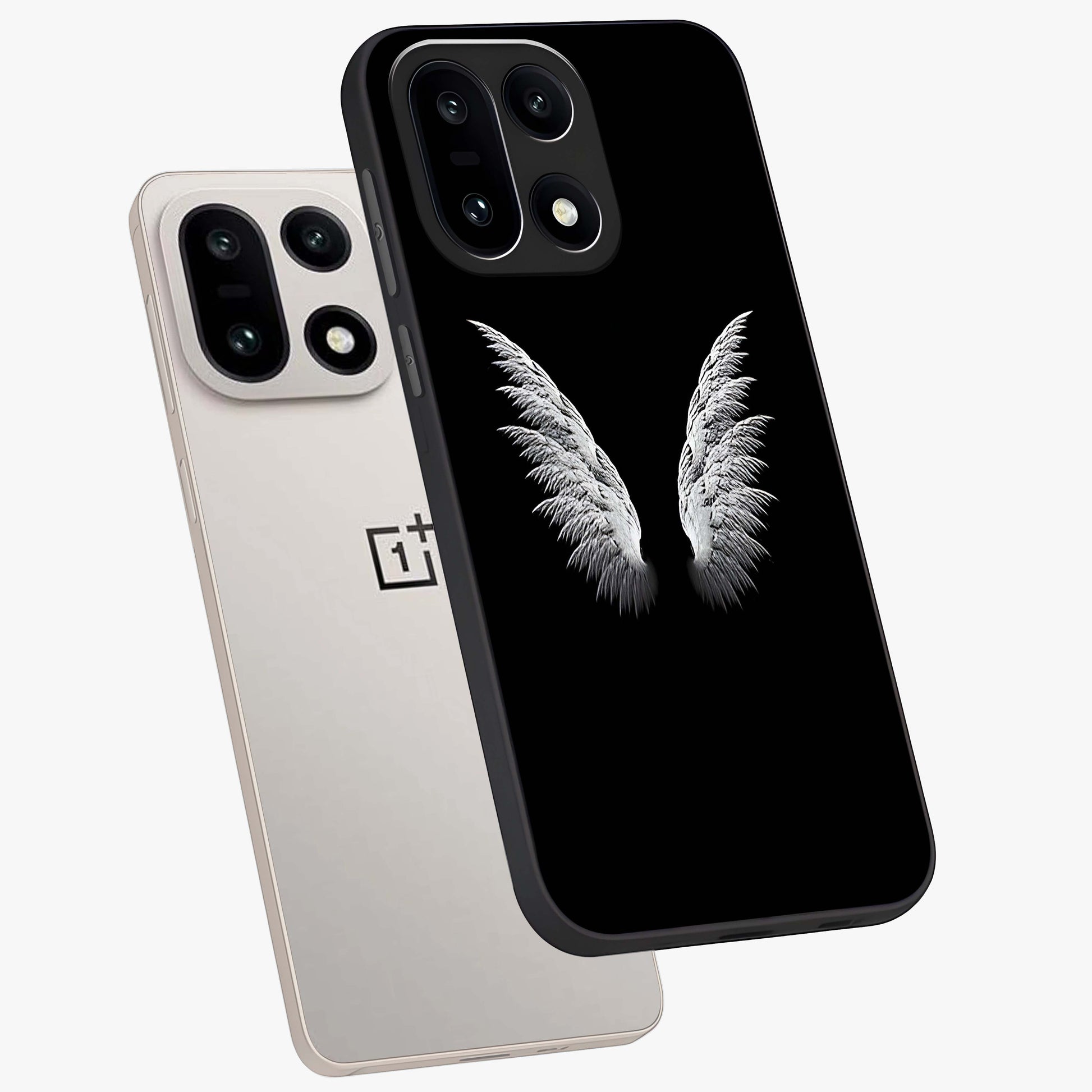 Angel Wing Grace Glass Case for 1+15 angled mockup showcasing glossy finish and graceful feather design
